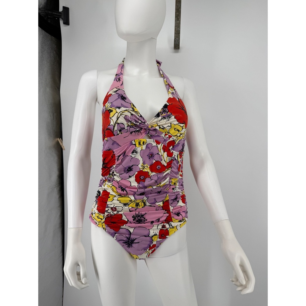 Lands' End Swimsuit Womens 8 Multicolor Floral Halter Ruched One Piece Swimwear